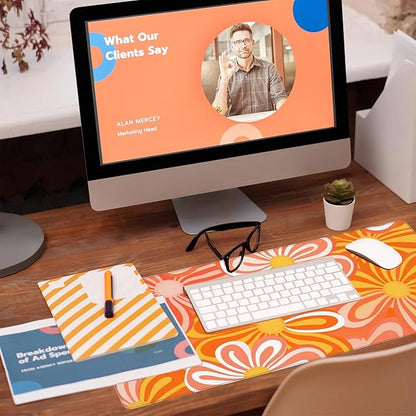 Desk Pad - Hippie Vintage Orange Flowers Desk Mat, Retro Floral Large Gaming
