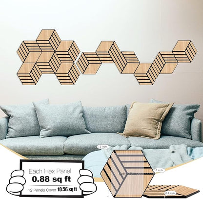 Mollywell Hexagon Acoustic Panels, Natural Oak TW4, 12 Pack |Wood Veneer|High