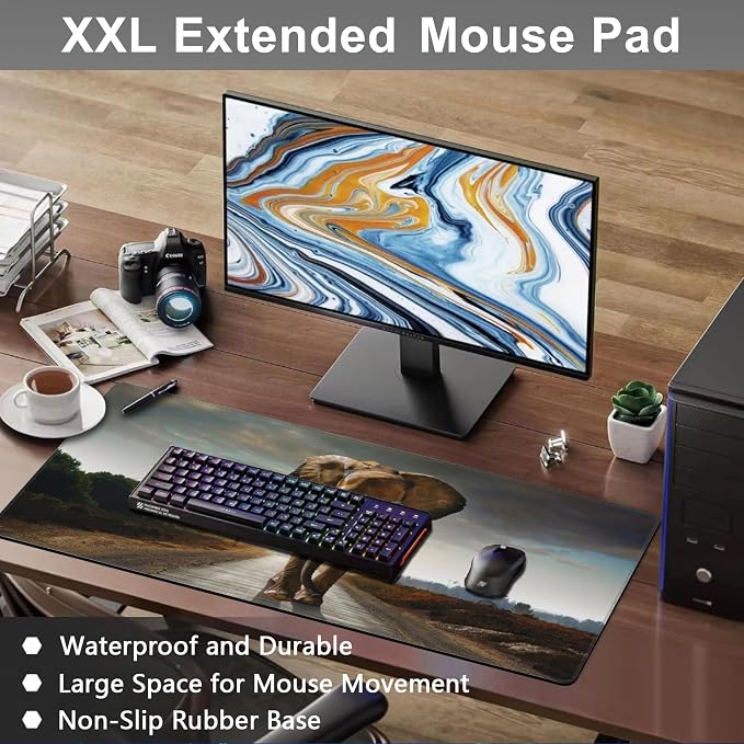 Mouse Pad, Large Walking Elephant Desk Mat, Extended Non-Slip Gaming Keyboard