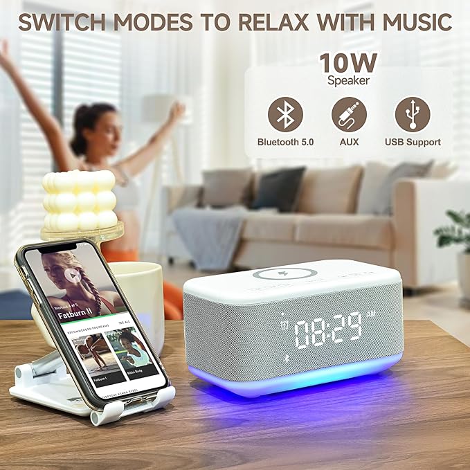 Alarm Clock Speaker Wireless Charger, Digital Alarm Clocks Bedrooms Bluetooth