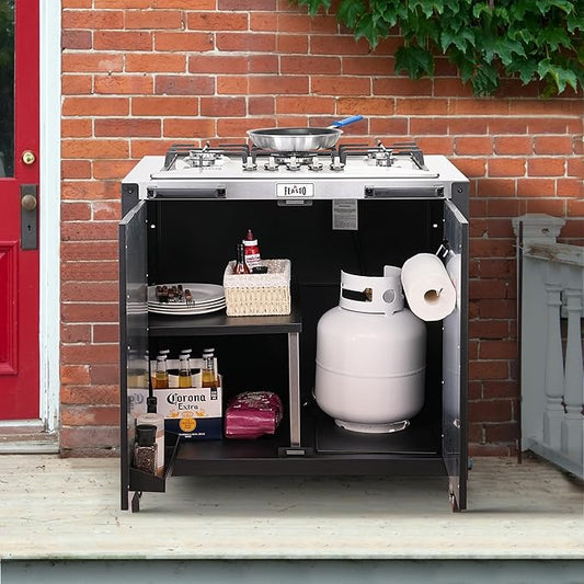 Gas Grill, Movable Outdoor Gas Stove Stainless Steel Top with Cabinet, 5 Burners with 36,200 BTUs, Outdoor Propane Grill for Outdoor Cooking, Ideal for Lawn & Garden, L35.4 x W24