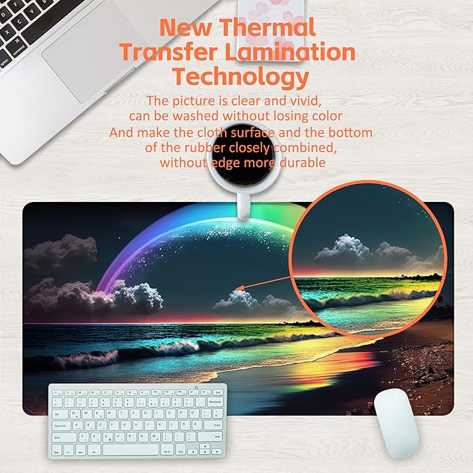 Desk Mat, Rainbow and Full Moon Desk Pad, Beach at Night Large Gaming Mouse Pad