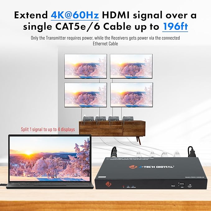 J-Tech Digital HDMI Extender Splitter 4K 60Hz 1 in 4 Out Over Single Cat5e/6