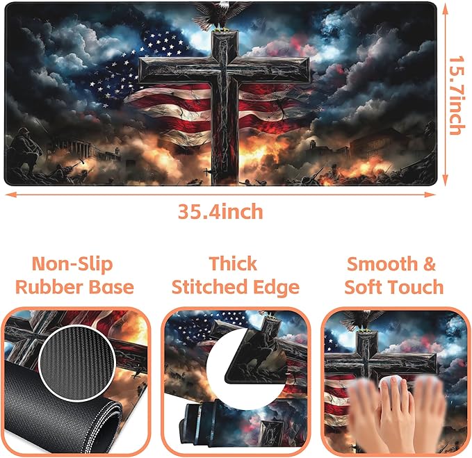 Mouse Pad Large A Cross with an Eagle Non-Slip Game Desk Mat with Stitched Edge