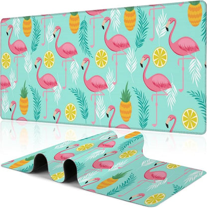 Pink Flamingo Desk Mat, Large Summer Flamingos Pineapples Tropical Leaves