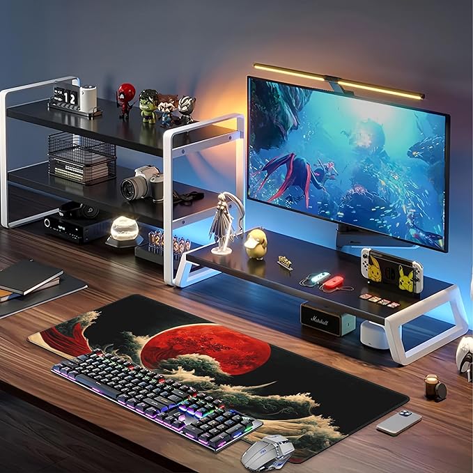 Red Moon Above The Sea Desk Mat, Large Chinese Style Landscape Gaming Keyboard
