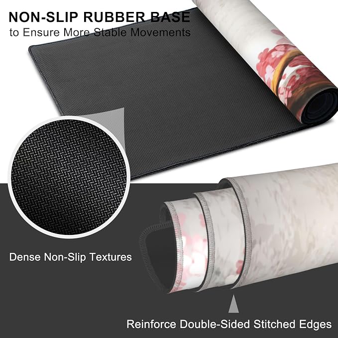 Mouse Pad, Large Blooming Sakura Desk Mat, Extended Non-Slip Gaming Keyboard