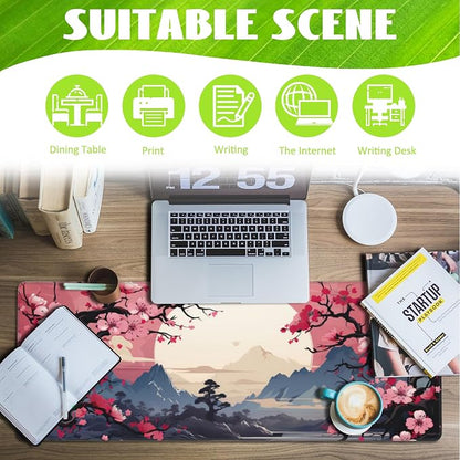 Pink Cherry Blossom Tree Desk Pad, Mountains and Sun Large Gaming Mouse Mat