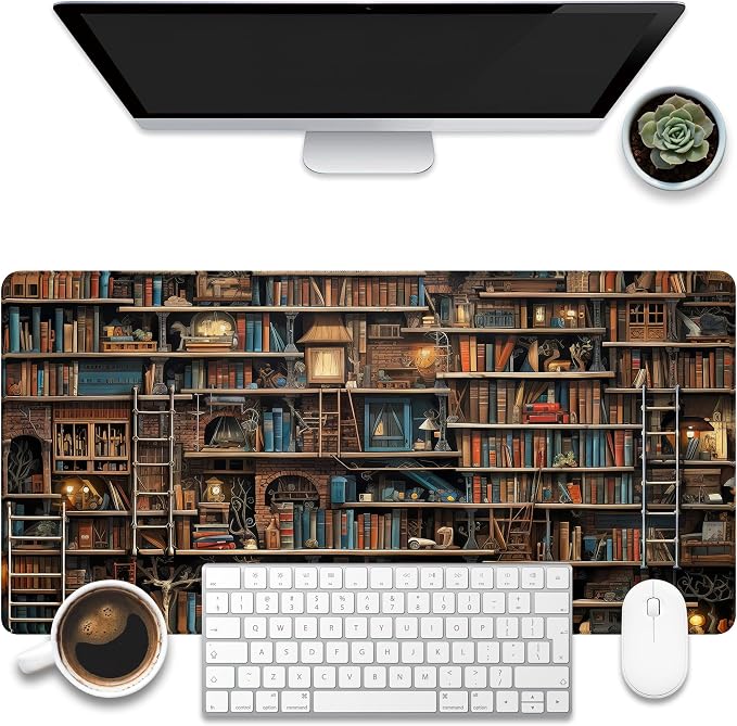Desk Pad, Fantasy Shelves Desk Mat, Shelves Full of Books Large Gaming Mouse Pad