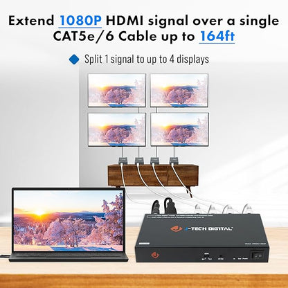 J-Tech Digital HDMI Extender Splitter 1x4 Over Single Cat5e/6 Ethernet Cable Up