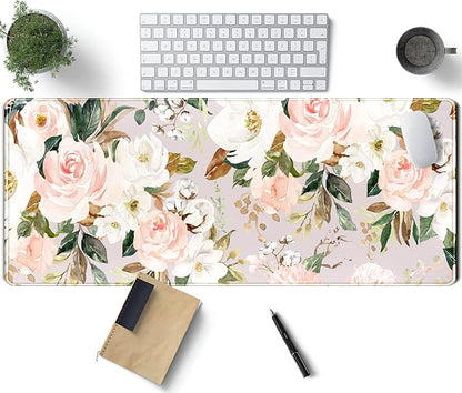 Pink Flowers Keyboard Pad PC Gaming Desk Mat Desk Mouse Pads Green Leaves