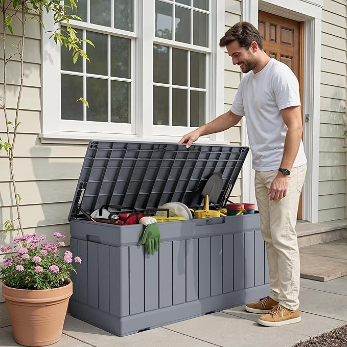 Devoko 78 Gallon Deck Box, Waterproof Resin Outdoor Storage Box for Outside and Patio, Outdoor Storage Bench Lockable for Patio Furniture, Garden Tools and Pool Supplies (Grey, 78 Gallon)