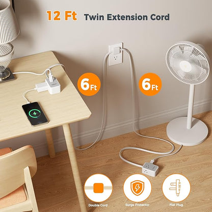 TESSAN Twin Extension Cord 12 FT, Double Ended Flat Plug Surge Protector Power