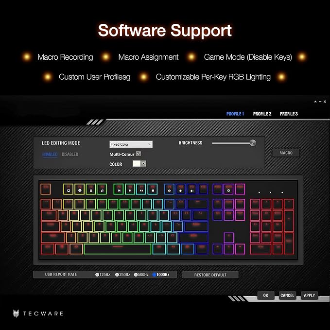 TECWARE Phantom+ Elite 87 Key RGB Mechanical Gaming Keyboard, LED Backlit