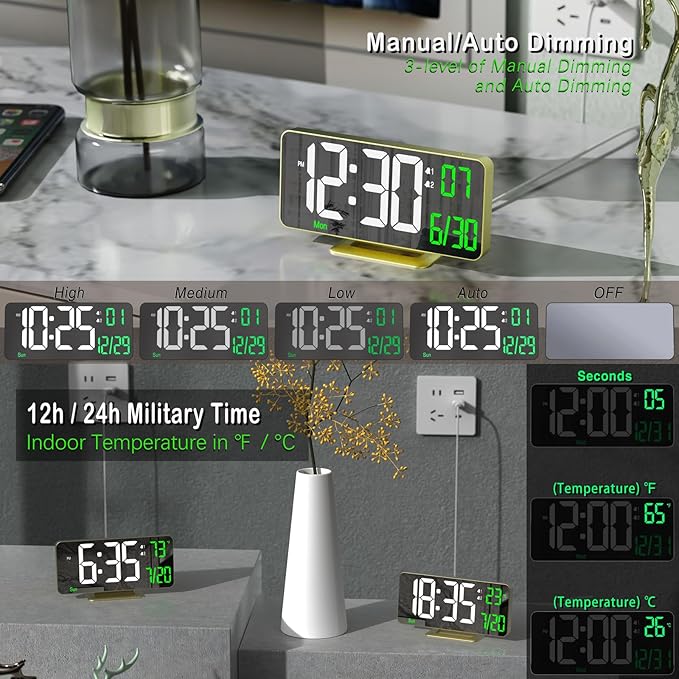 KOSUMOSU Desk Clock for Bedroom Accessories 6.7in Gold Digital Alarm Clock