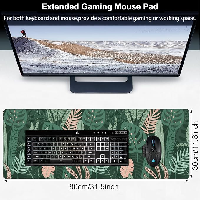 Tropical Plants and Leaves Desk Mat, Large Tropical Palm Leaves Gaming Keyboard