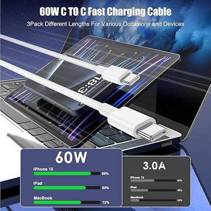3-Pack 60W USB C to USB C Cable, Type C to Type C Cable, Fast Charging Cable