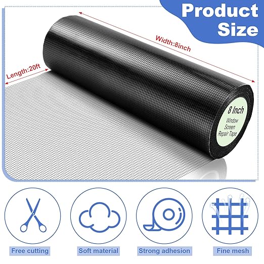 Extra Wide 8 inch x 20 ft Window Screen Tape Mesh Repair Strong Adhesive