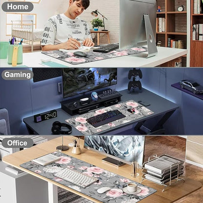 Pink Roses Desk Mat, Large Spring Blooming Flowers and Leaves Gaming Keyboard
