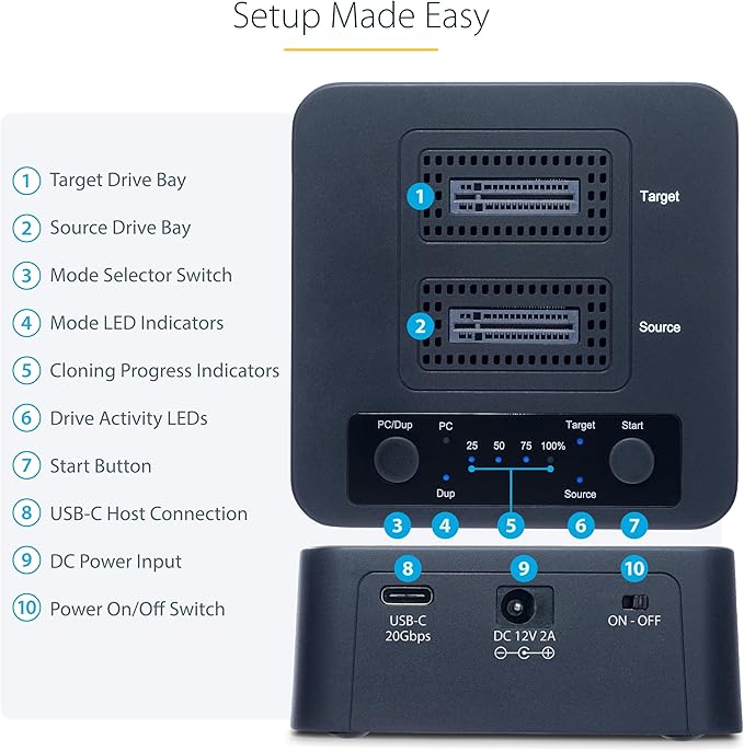 StarTech.com 1:1 M.2 NVMe Drive Duplicator, 90GBpm Standalone M.2 SSD