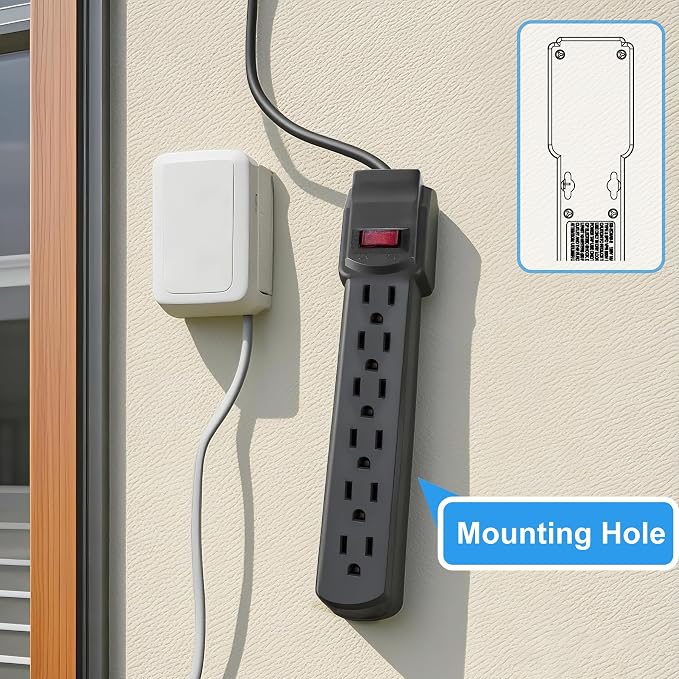 6-Outlet Surge Protector – 250 Joules, 6ft Cord, 1875W Max – Right Angle Plug