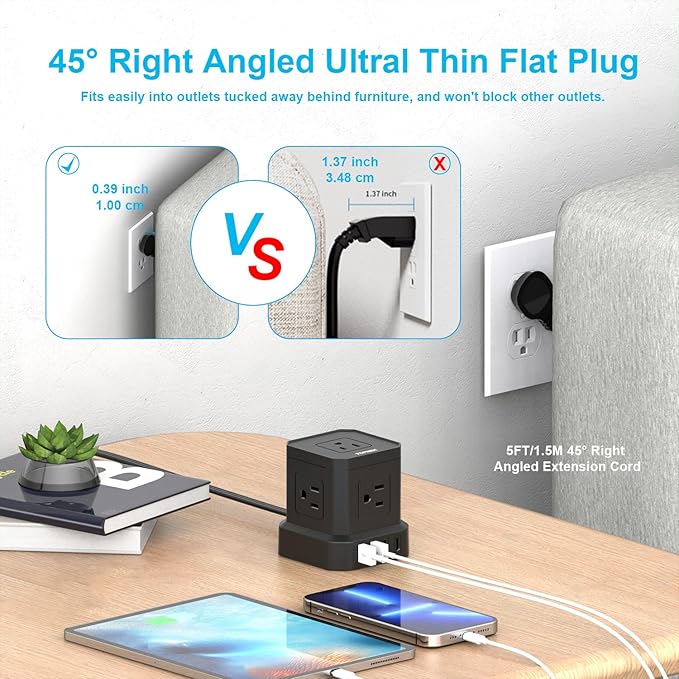 Power Strip with USB, USB C Power Strip with 5 Outlets, 2 USB-C & 2 USB-A
