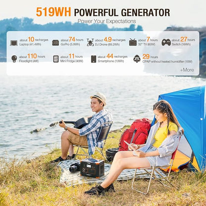 500W Portable Power Station, GRECELL Solar Generator 519Wh Lithium Battery