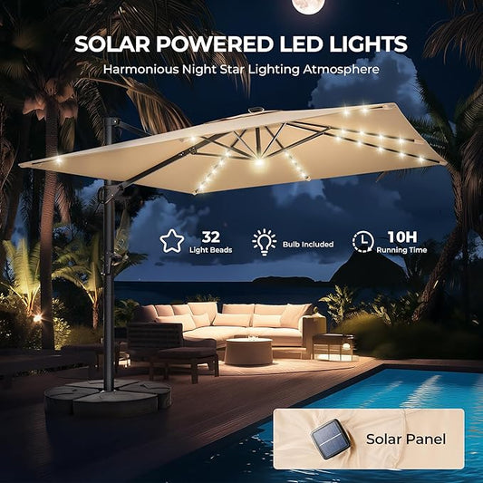 HOMSHADE 10 ft Square Cantilever Patio Umbrella with Base Included, Solar Lights Large Umbrella Outdoor Patio with 360°Rotation&Tilting, LED Lighted Offset Umbrellas w/Stand for Pool Deck