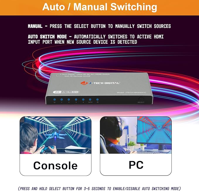 J-Tech Digital HDMI Switch 4K 120hz, 2.1 Switch 4 in 1 Out, 8K 60Hz 1080P 240Hz
