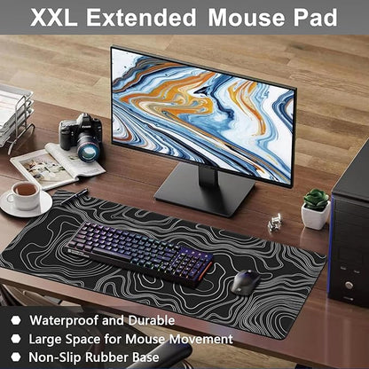 Mouse Pad, Large Mountain Topographic Terrain Map Desk Mat, Extended Non-Slip