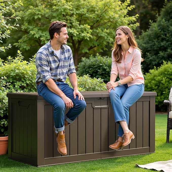 Flamaker Resin Deck Box 250 Gallon, Waterproof Imitation-Wood Lockable Storage Box with Separator Plate Outdoor Indoor, Garden, Patio Furniture for Tools&Pool Accessories (Deep Brown)