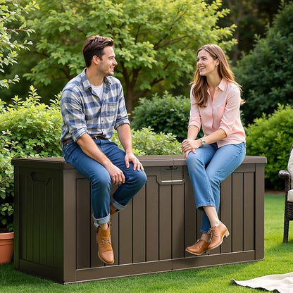 Flamaker Resin Deck Box 250 Gallon, Waterproof Imitation-Wood Lockable Storage Box with Separator Plate Outdoor Indoor, Garden, Patio Furniture for Tools&Pool Accessories (Deep Brown)