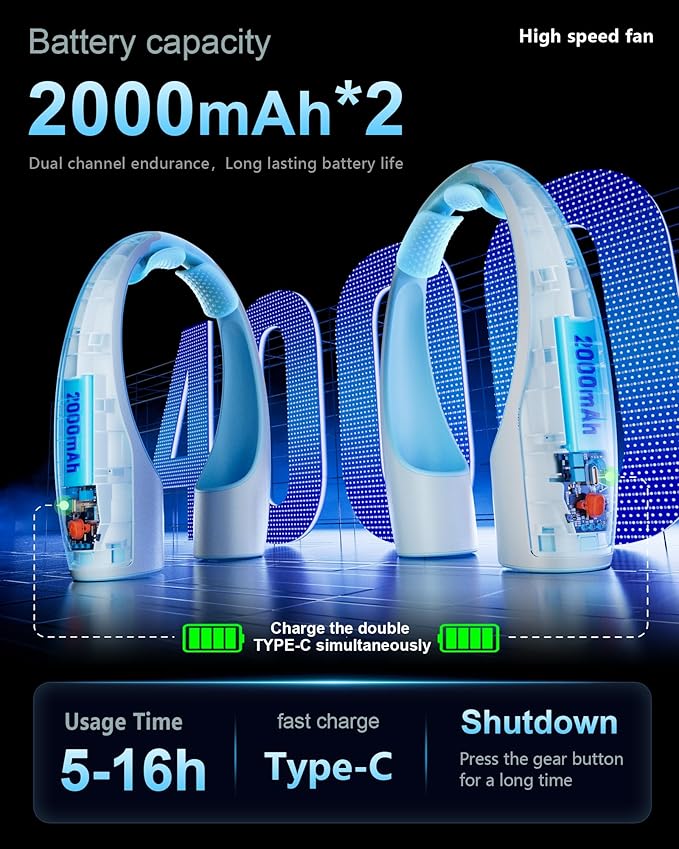 AI Neck Fan, 4 Speeds Adjustable Portable Personal Fan Rechargeable, 4000 mAh