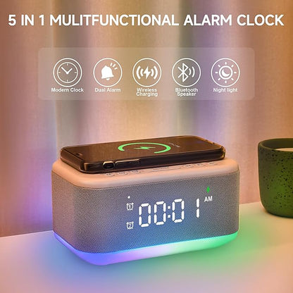 Alarm Clock Speaker Wireless Charger, Digital Alarm Clocks Bedrooms Bluetooth