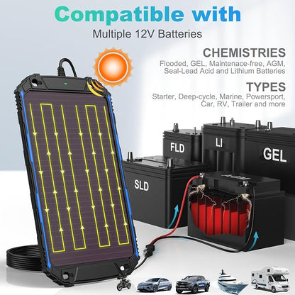SUNER POWER Waterproof 5W 12V Solar Battery Charger & Maintainer Pro, Built-in