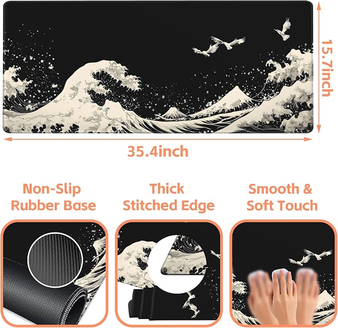Mouse Pad Large White Wave Non-Slip Gaming Desk Mat