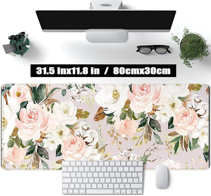 Pink Flowers Keyboard Pad PC Gaming Desk Mat Desk Mouse Pads Green Leaves