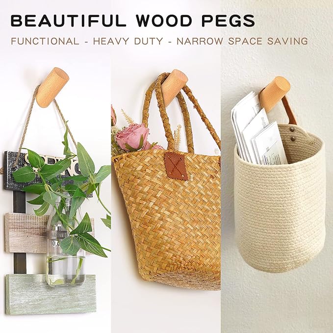 Wood Wall Hooks, 6 Pack Natural Wooden Coat Hooks Wall-Mounted, Rustic Heavy
