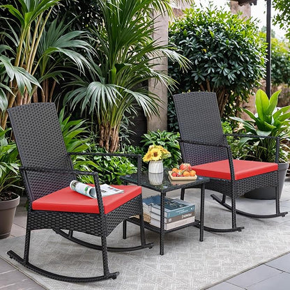 Greesum 3 Pieces Patio Furniture Set Outdoor Wicker Rocking Chairs with Glass Coffee Table for Garden Backyard Porch Poolside, Red