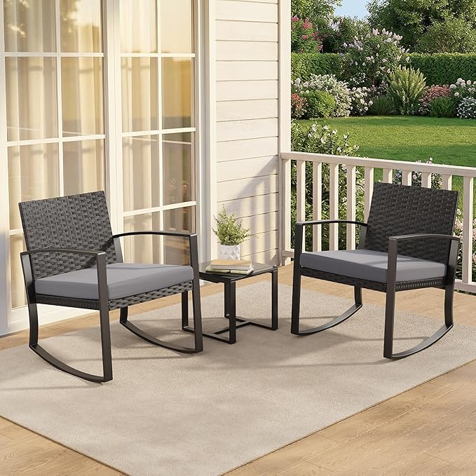 3 Pieces Outdoor Patio Furniture Set Rocking Bistro Set Outdoor Rattan Conversation with Coffee Table for Garden Balcony Backyard Poolside (Grey Cushion)