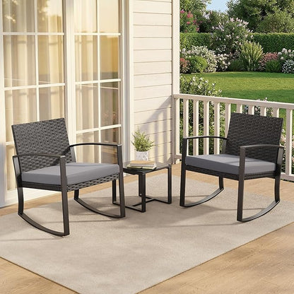 3 Pieces Outdoor Patio Furniture Set Rocking Bistro Set Outdoor Rattan Conversation with Coffee Table for Garden Balcony Backyard Poolside (Grey Cushion)