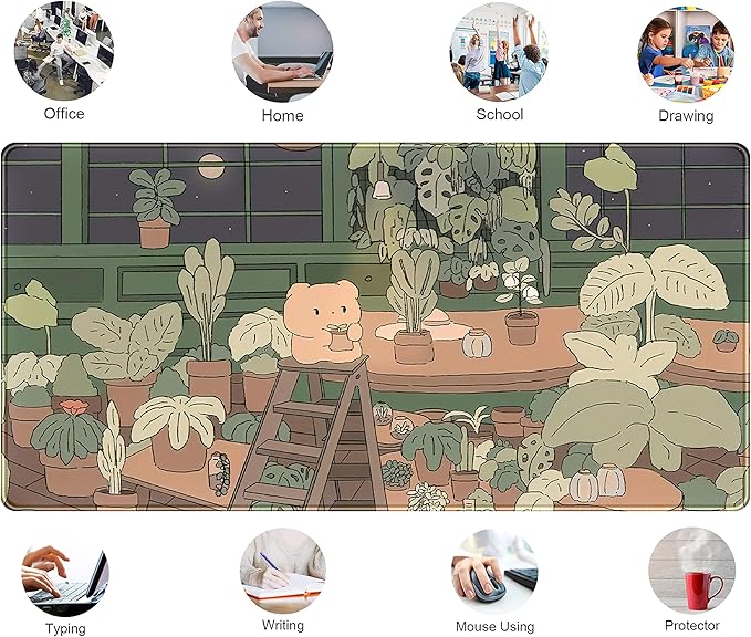 Cute Desk Mat Kawaii Bear Mousepad Cute Anime Plant Desk Protector, Kawai