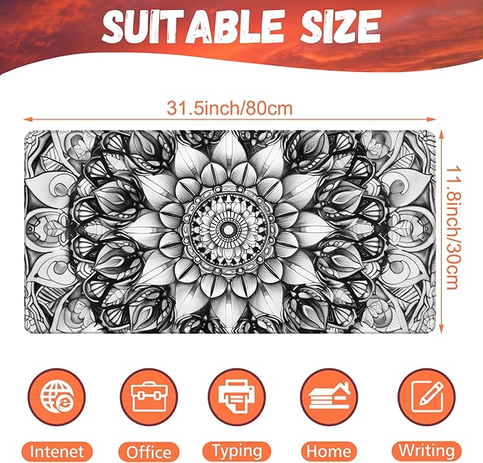 Large Gaming Mouse Pad for Desk, Mandala Flower Desk Pad, 31.5"x15.7" Extended