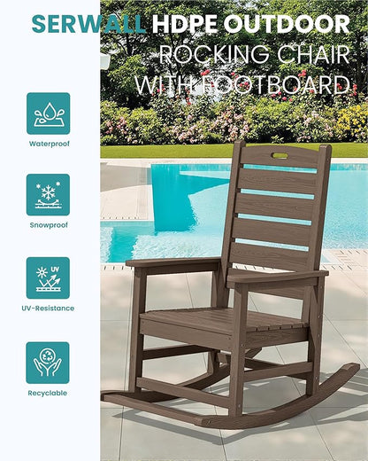 SERWALL Outdoor Rocking Chair, Oversized Rocking Chair with Footrest for Adults, HDPE All Weather Resistant Rocking Chairs for Patio, 350lbs Weight Capacity, Coffee