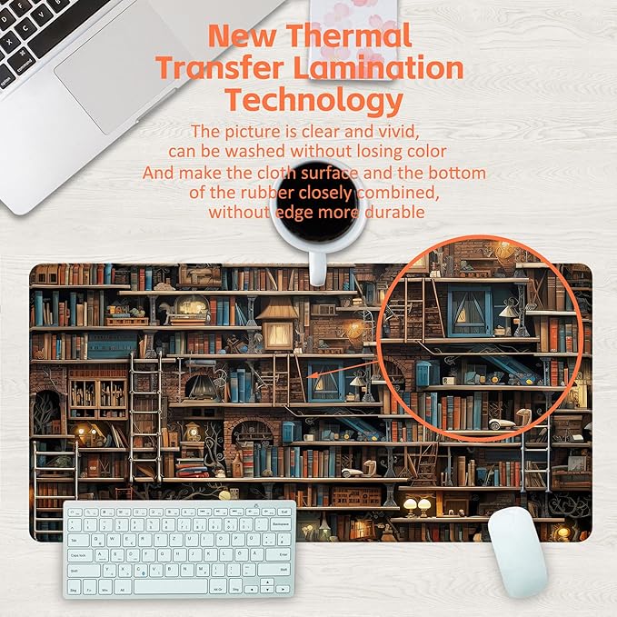 Desk Pad, Fantasy Shelves Desk Mat, Shelves Full of Books Large Gaming Mouse Pad