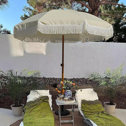 AMMSUN 7ft Patio Umbrella with Fringe Outdoor Tassel Umbrella UPF50+ Premium Steel Pole and Ribs Push Button Tilt, Light Beige