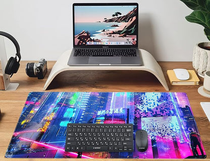 Japanese Street Desk Mat Futuristic Neon City Print Mouse Pad, Exclusive Desk
