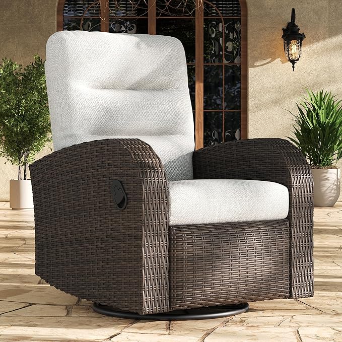 LayinSun Oversized Wicker Outdoor Swivel Glider Recliner with Adjustable Backrest & Footrest, Patio Reclining Lounge Chair