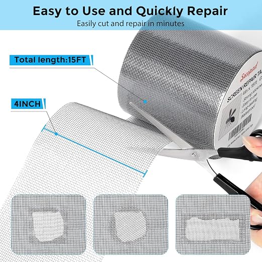 Grey Window Screen Repair Tape, 4 in X 15 FT Screen Repair Kit
