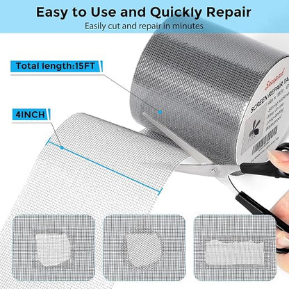 Grey Window Screen Repair Tape, 4 in X 15 FT Screen Repair Kit